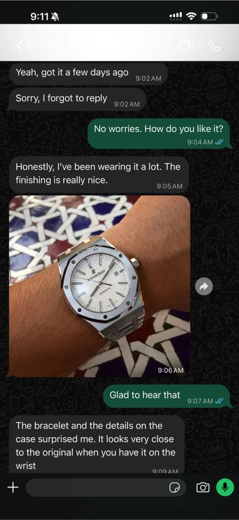 Customer review and wrist photo of a white dial Audemars Piguet Royal Oak replica