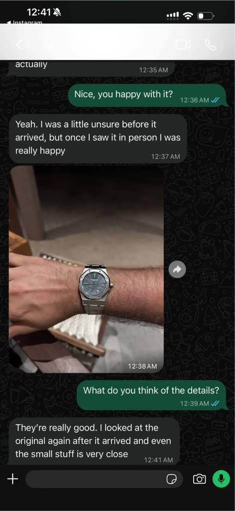Customer review and wrist photo of a blue grey dial Royal Oak Jumbo replica