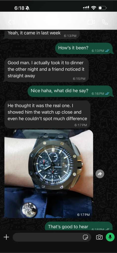 Customer review and wrist photo of a black ceramic Royal Oak Offshore chronograph replica