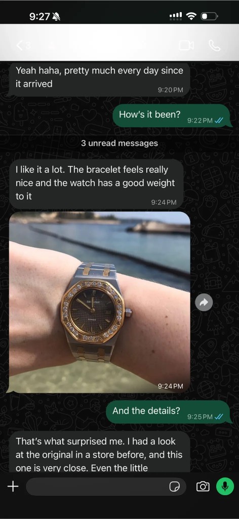 Customer review and wrist photo of a two-tone ladies Royal Oak replica with diamond bezel
