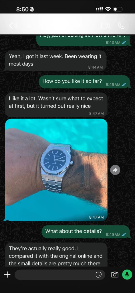 Customer review and wrist photo of a blue dial Royal Oak replica by the pool